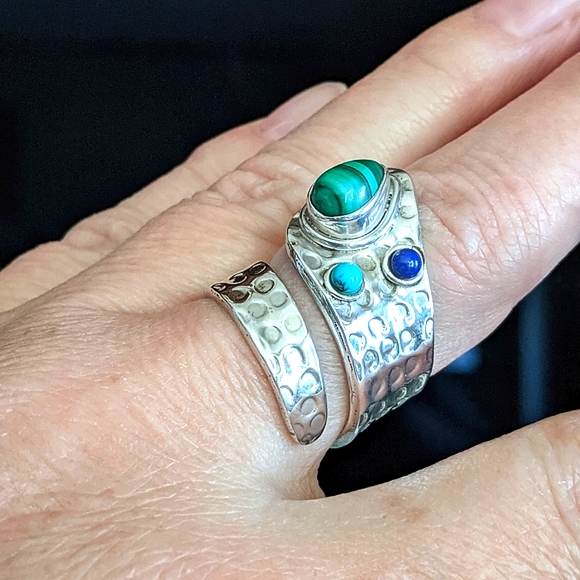 Malachite, Turquoise & Lapis .925 Silver, Adjustable Ring - Picture 5 of 6